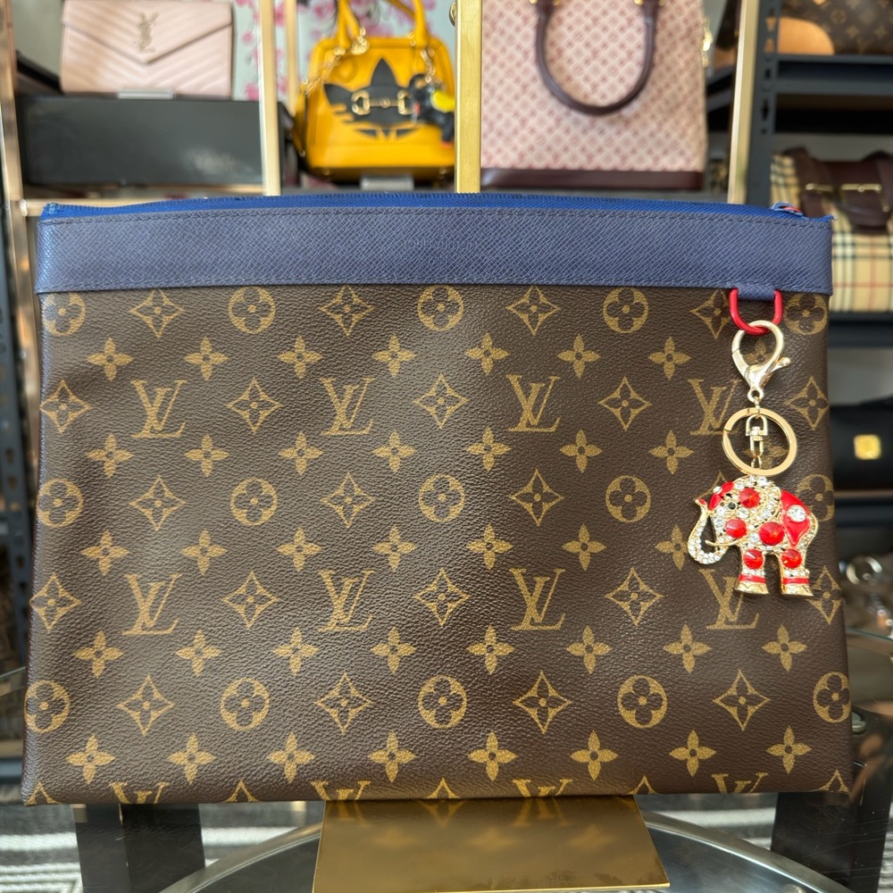 Louis Vuitton Monogram Canvas Pouch with Navy Trim and Red Charm